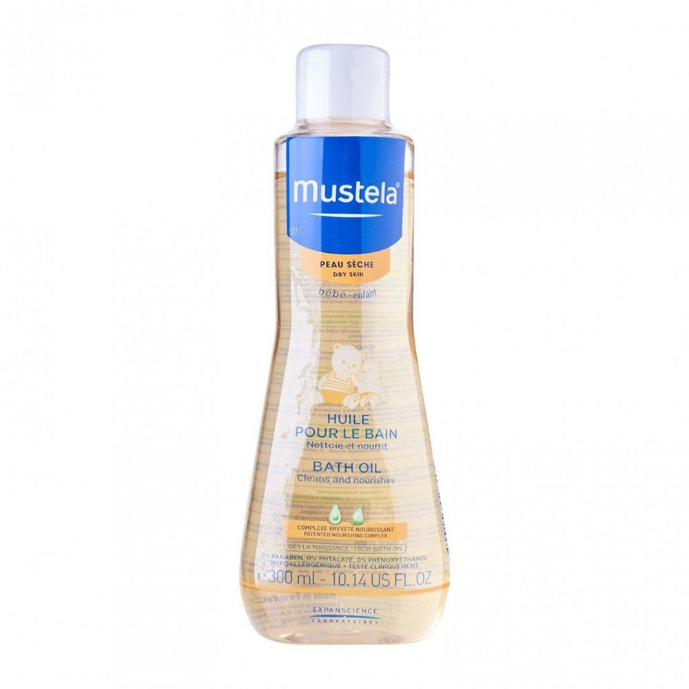 Mustela Bath Oil 300 ml bottle with blue label, upright for gentle baby bath time nourishment.