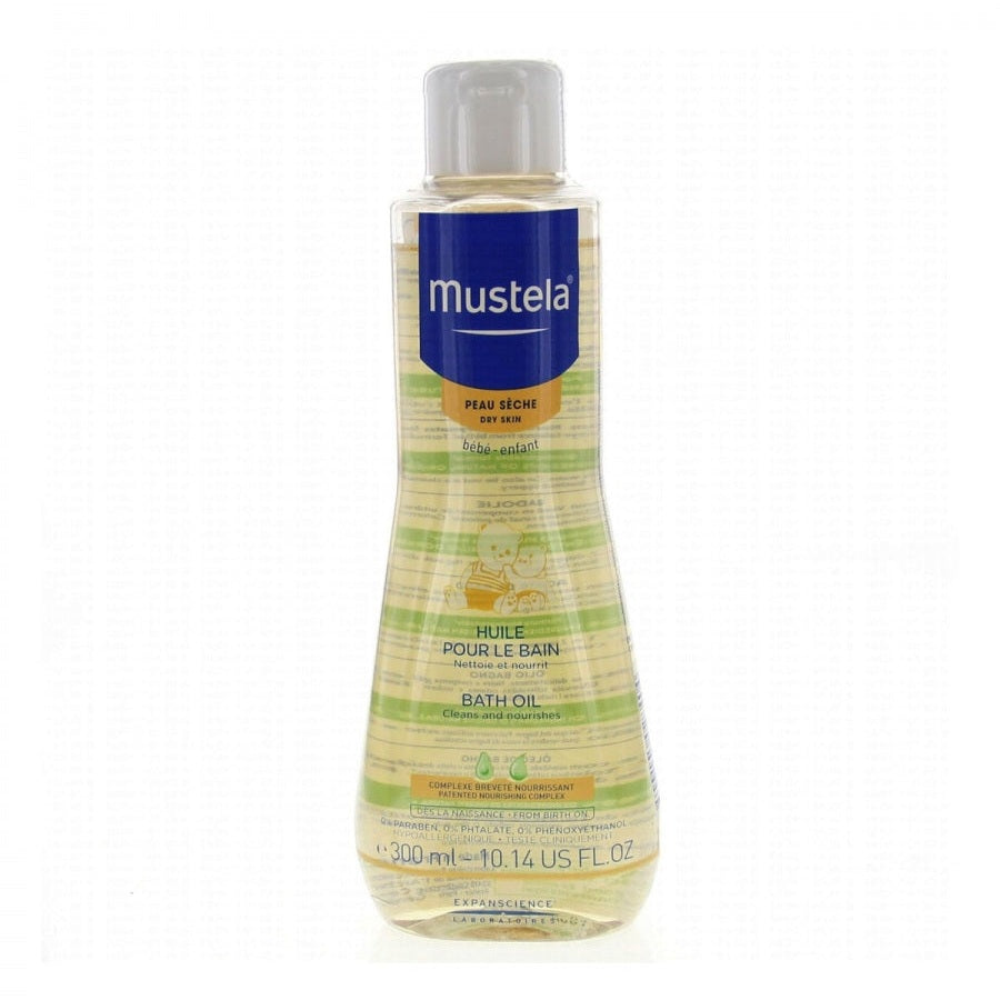 Mustela Bath Oil 300 ml bottle with blue label; baby bath oil that cleanses and nourishes dry skin.