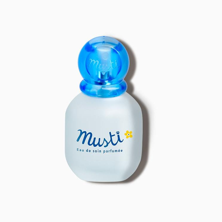 Mustela Musti perfumed treatment water, 50 ml bottle with blue cap and delicate fragrance