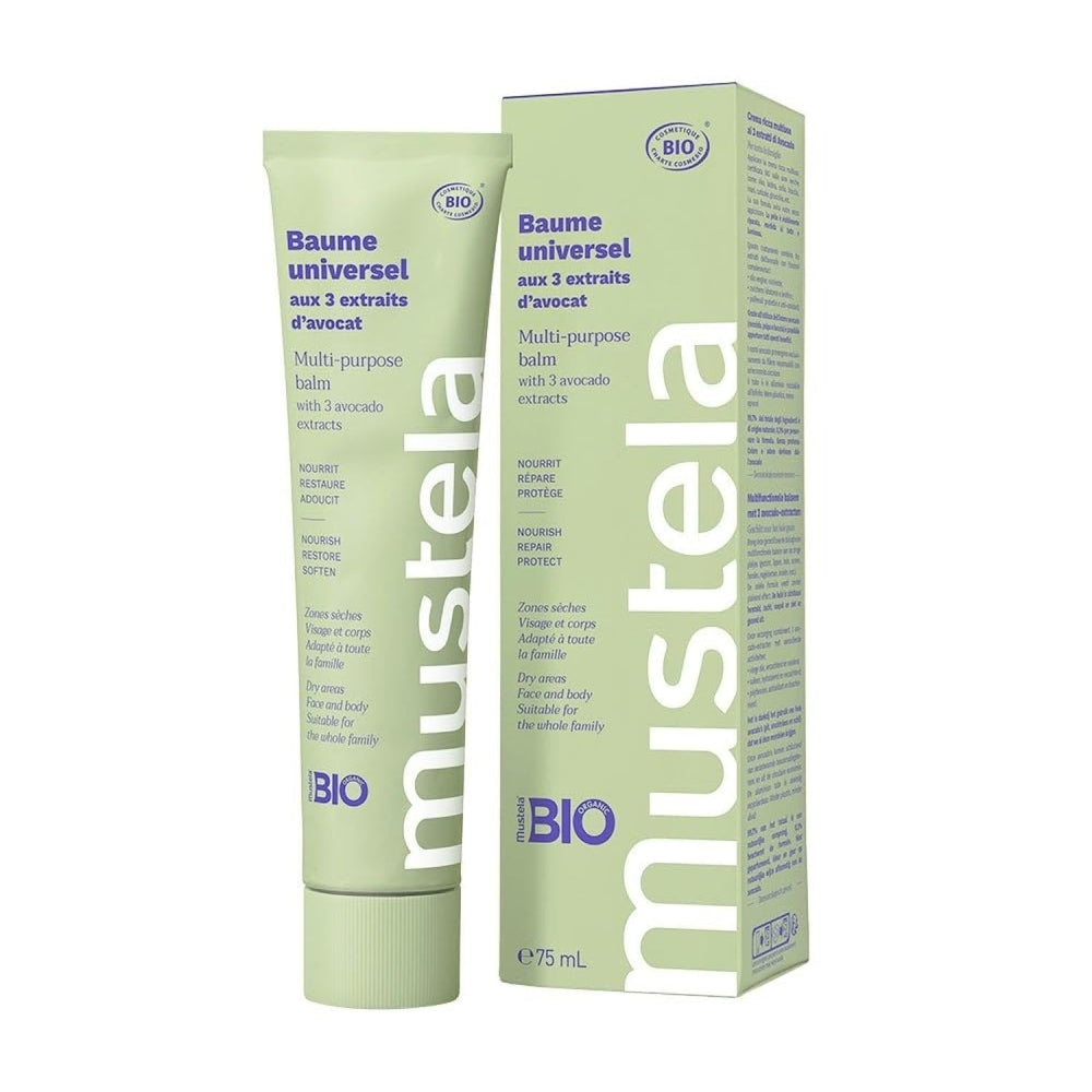 Mustela Organic Universal Balm with 3 avocado extracts 75 ml in a soft green tube beside its box.