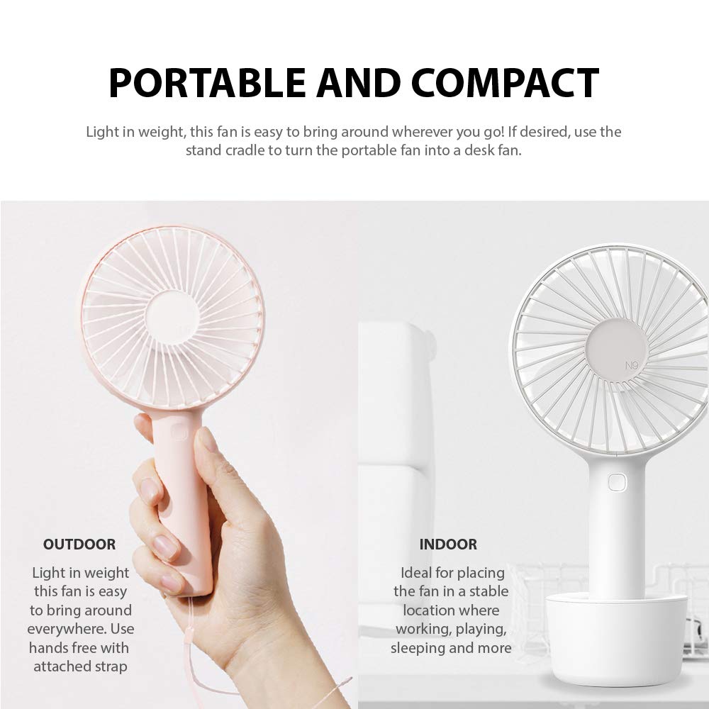 N9 Handheld Fan Pro White; pink outdoor version held for portable use beside an indoor desk dock.