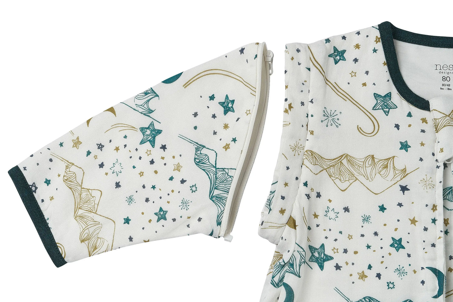 NEST DESIGNS BAMBOO MUSLIN REMOVABLE 3/4 SLEEVE SLEEP BAG 0.6 TOG STARS WHITE - baby enRoute