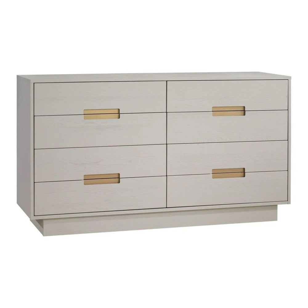 Natart Signature Series Como 8-drawer double dresser in light Naturale wood, featuring eight shallow drawers with gold pulls.