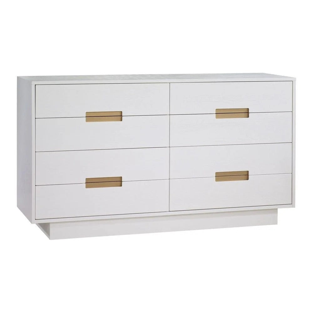 Natart Signature Series Como 8-Drawer 65in King Dresser in white with gold bar pulls, two-column layout on a low plinth.