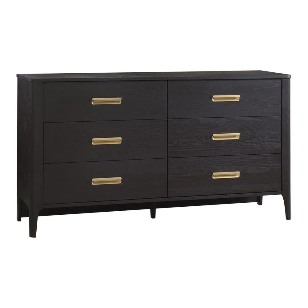 Natart Signature Series Palo 6-Drawer King Dresser in dark wood with brass handles, six neatly aligned drawers on slim legs