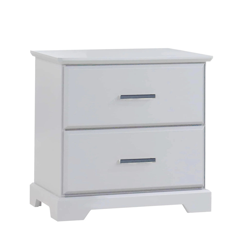 Natart Taylor nightstand in white finish with two drawers and brushed metal handles