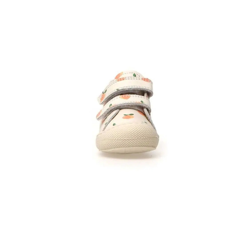 Naturino Cocoon Vl White Peach toddler shoe with peach-print pattern and two Velcro straps, front view
