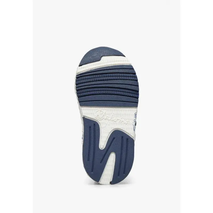 Naturino Jesko Vl Suede/Nylon Sole Printed Azure Yellow toddler shoe outsole with textured blue grip and white midsole