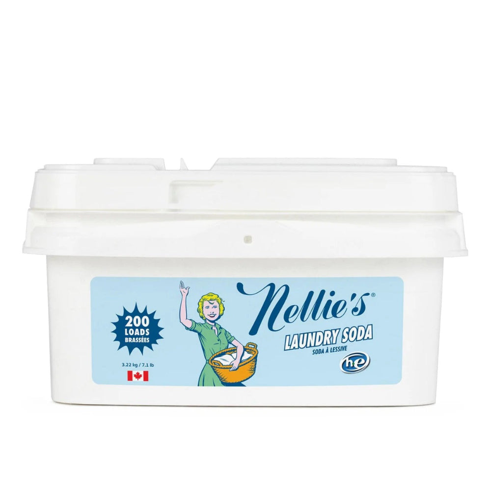 Nellie's Laundry Soda pail with blue label, 200 loads, white tub