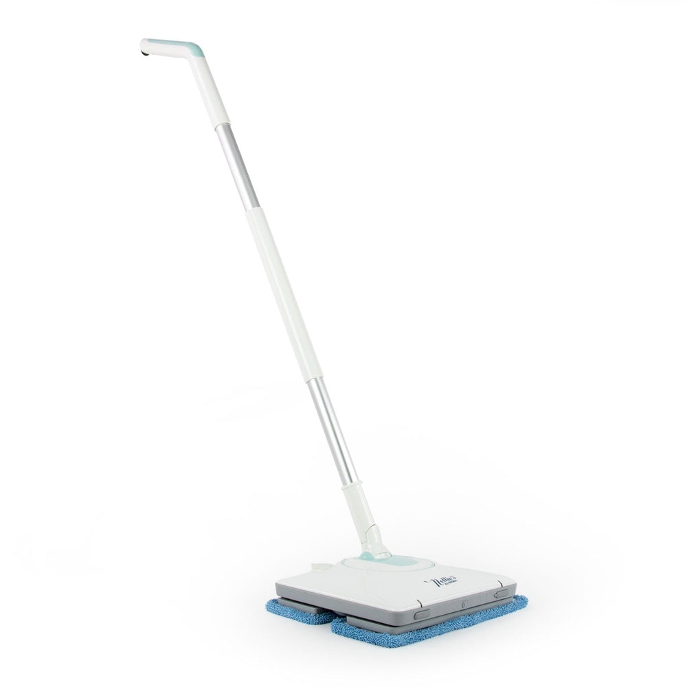 Nellie's Wow Mop with an adjustable white handle and blue microfiber pads on a flat mop head.