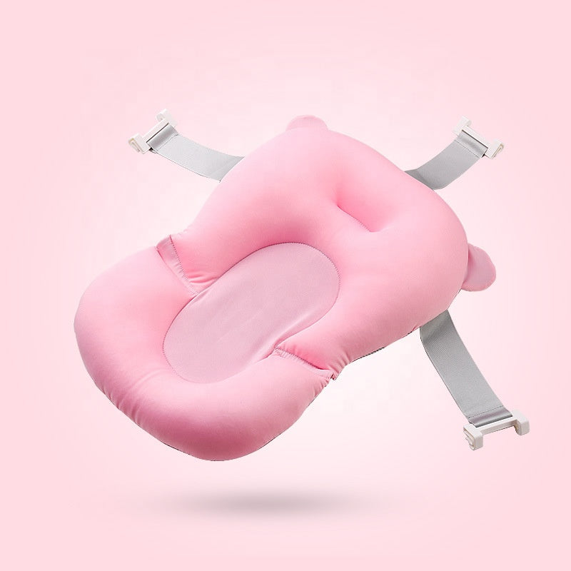 Nemibaby bathtub cushion infant bath support, pink with gray straps, for baby bath time.