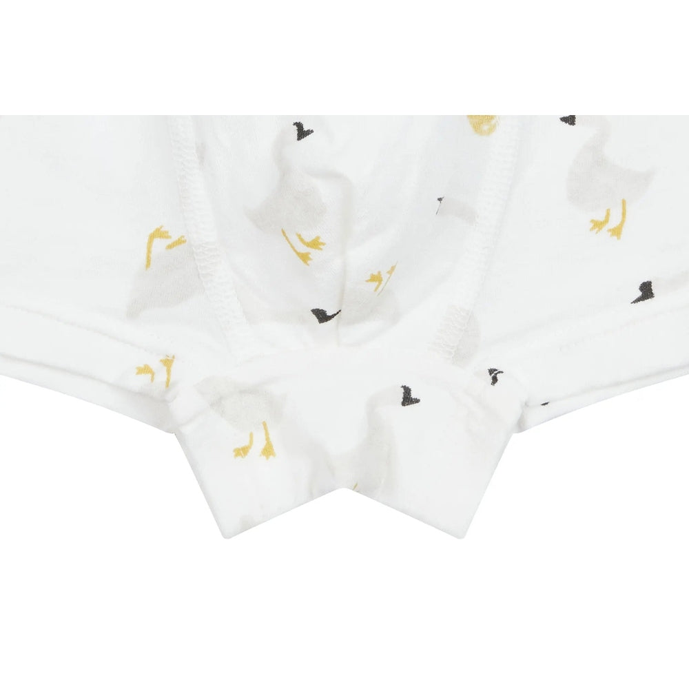 Nest Designs Bamboo Boys Boxer Briefs 2-Pack in white with yellow lion and goose prints, laid flat.