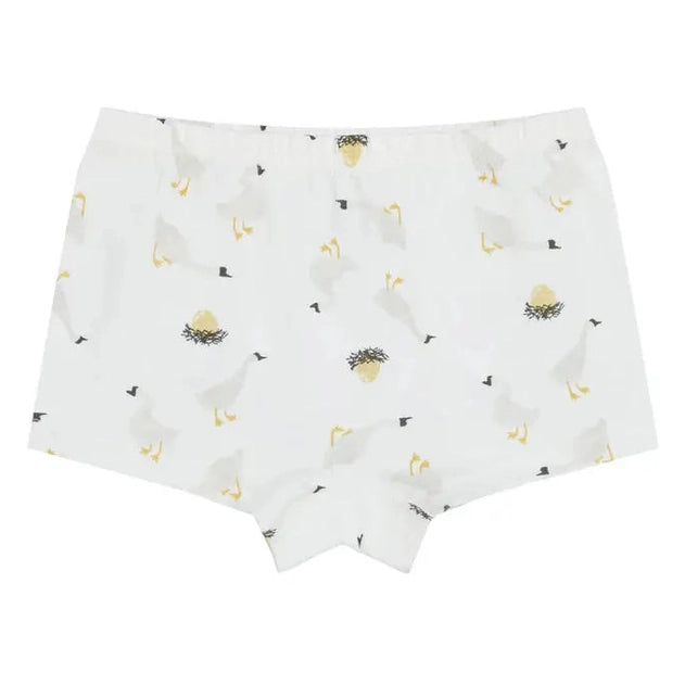 Nest Designs Bamboo Boys Boxer Briefs 2-pack laid flat, white with goose and nest print, soft elastic waistband