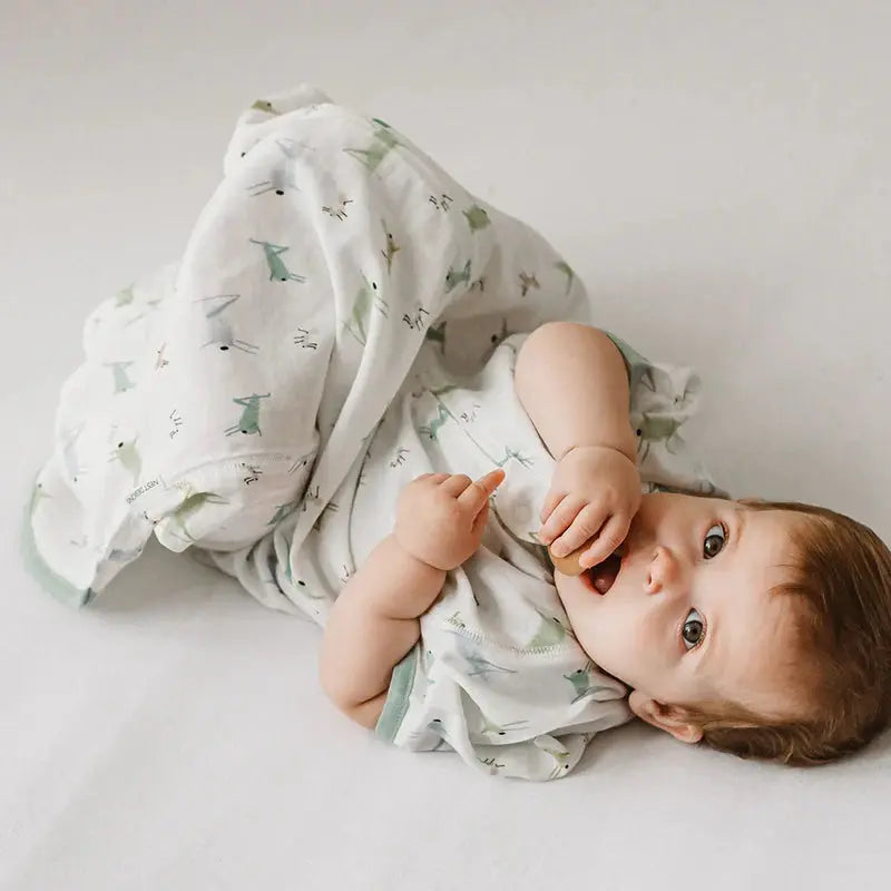 Nest Designs 0.23 Tog Bamboo Silk Short Sleeve Sleep Bag The Ant & The Grasshopper, white with green insect pattern, baby lying wrapped.