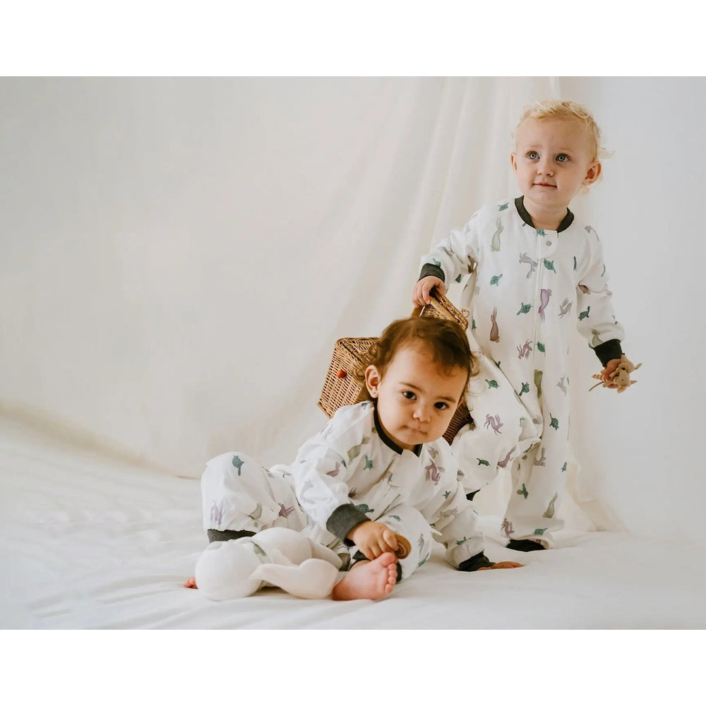 Nest Designs Avocado Bamboo Long Sleeve Footed Sleep Bag 1.0 Tog in tortoise & hare print, worn by two babies standing and sitting on white backdrop.