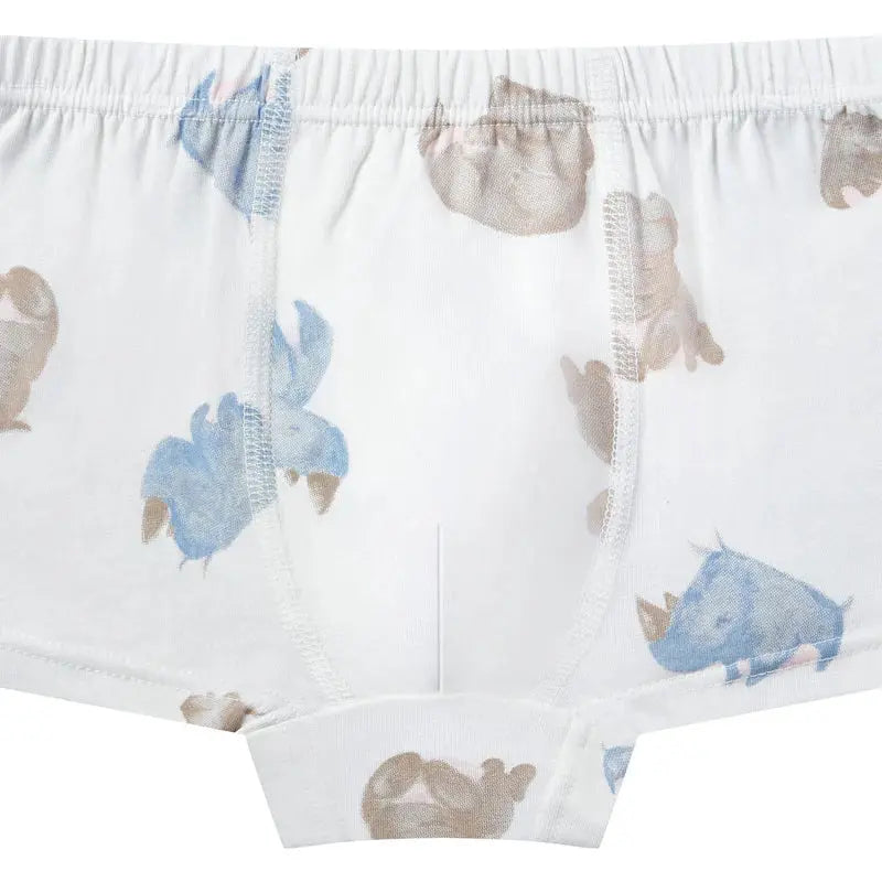 Nest Designs Bamboo Boys Boxer Briefs Underwear (2 Pack) Serengeti, white with blue/brown animal print, laid flat to show stretchy waistband