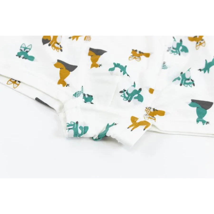 Nest Designs Bamboo Boys Boxer Briefs Underwear (2 Pack) Fox, white fabric shown folded with teal and mustard fox prints