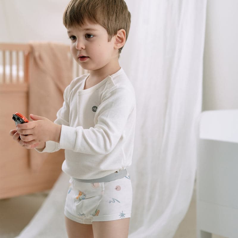 Nest Designs Bamboo Boys Boxer Briefs Underwear Surf Camp 2 Pack, toddler holding a toy car