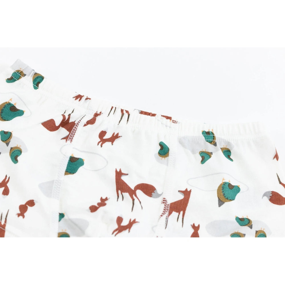 Nest Designs Bamboo Boys Boxer Briefs Underwear 2-pack in white with fox and teal bird print; elastic waistband shown.
