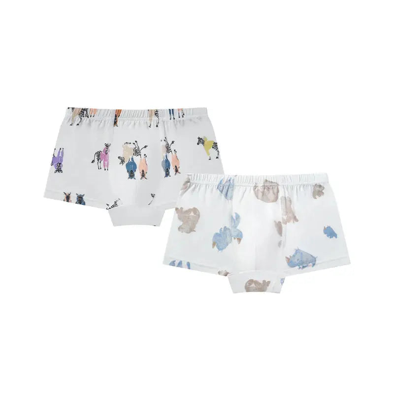 Nest Designs Bamboo Boys Boxer Briefs Underwear Serengeti, 2-pack white with safari prints and visible elastic waistband.