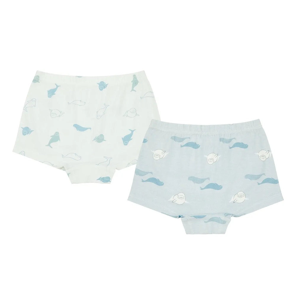 Nest Designs Bamboo Girls' Belugas Boy Short Underwear 2-Pack in white and light blue with playful whale prints