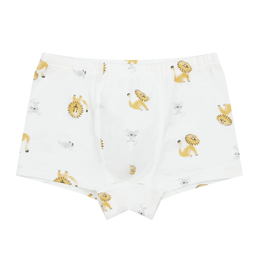 Nest Designs Bamboo Girls Boy Short Underwear 2-Pack, white with lion/goose prints, laid flat to show breathable fabric and elastic waistband.