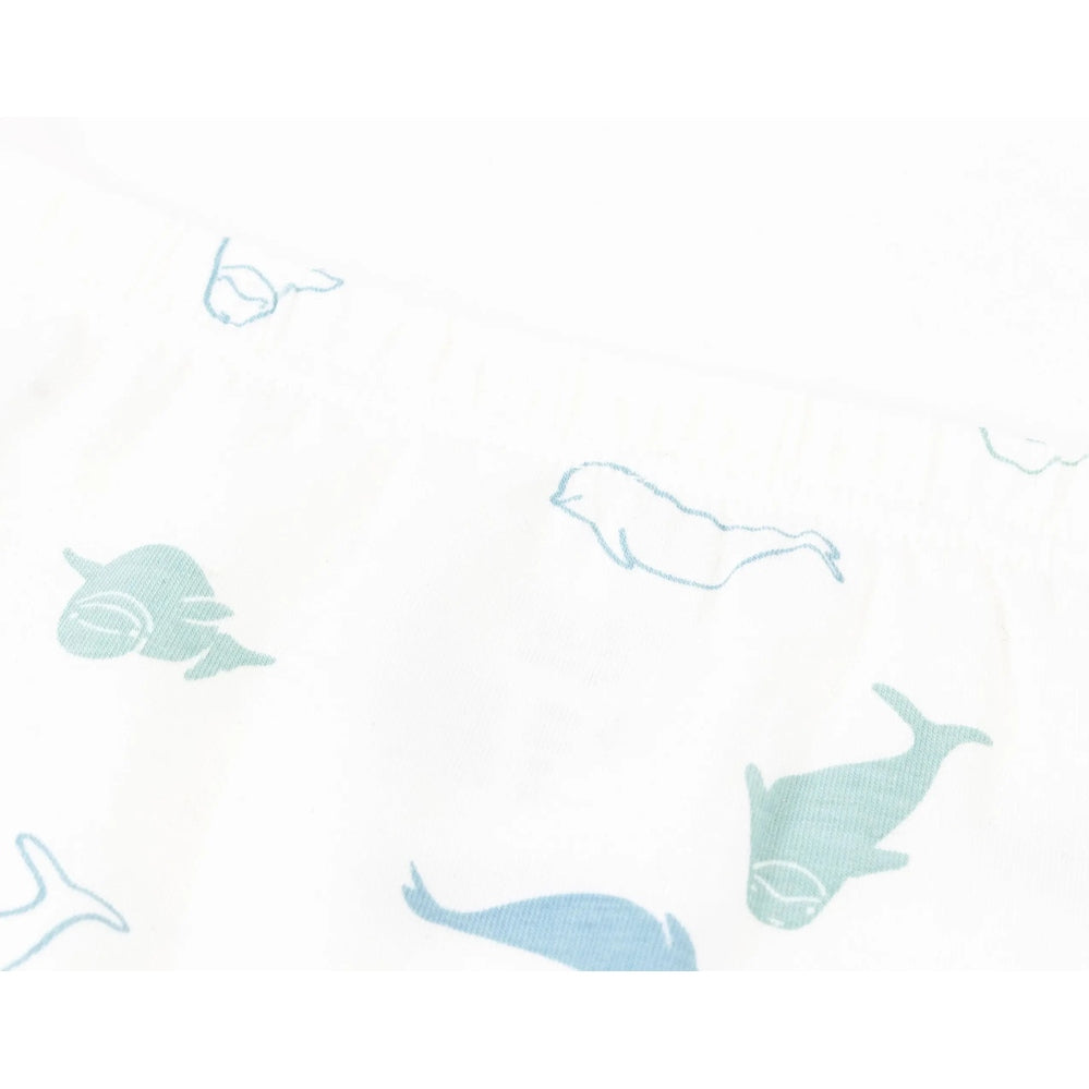 Nest Designs Bamboo Girls Boy Short Underwear (2 Pack) Belugas—white fabric with blue beluga whale prints, two-pack.