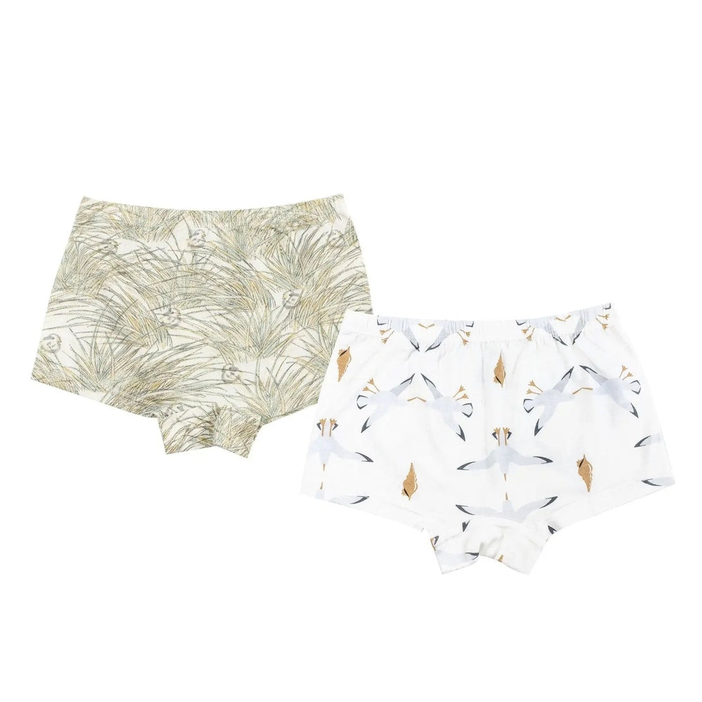 Nest Designs Bamboo Girls Short Underwear 2-pack: beige leafy print and white seahorse print laid flat.