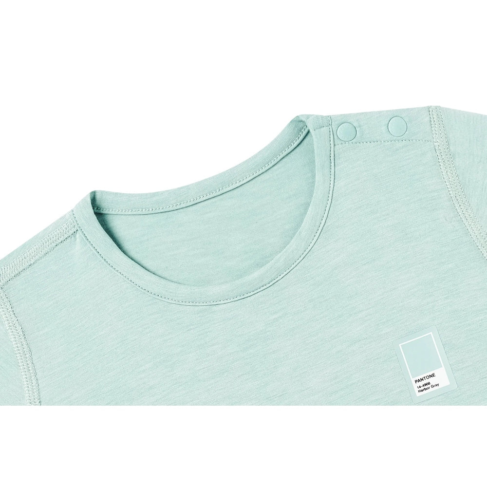 Nest Designs bamboo jersey short-sleeve T-shirt Harbor Grey with Pantone color label visible