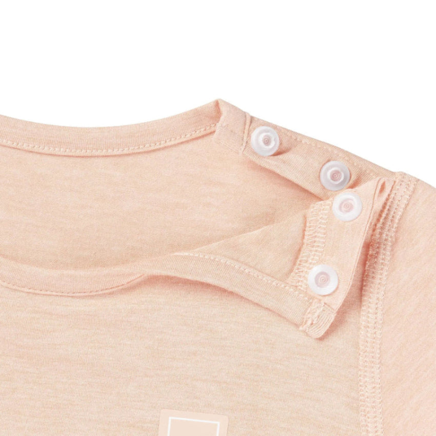 Nest Designs Bamboo Jersey Short Sleeve T‑Shirt Pantone Bellini peach, shoulder snap buttons.