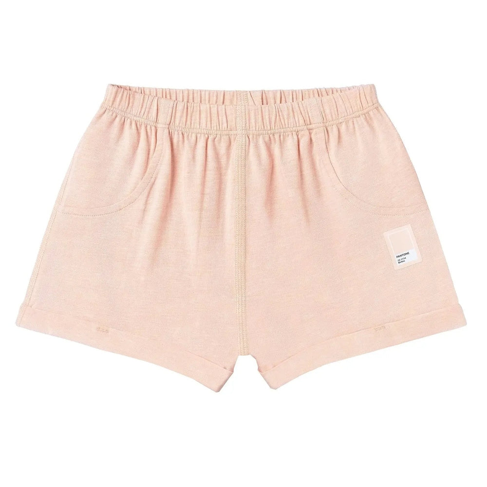 Nest Designs Bamboo Jersey Shorts Pantone Bellini, soft pink lounge shorts with elastic waist and side pockets.