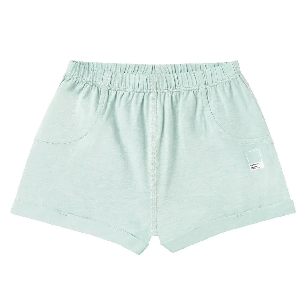 Nest Designs Bamboo Jersey Shorts Pantone Harbor Grey laid flat to show the elastic waistband and curved pockets.