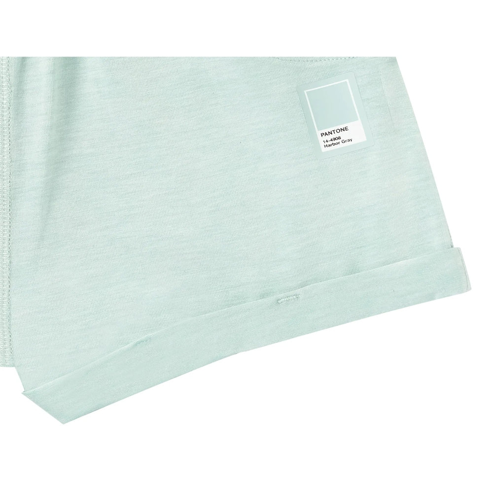 Nest Designs Bamboo Jersey Shorts Harbor Gray laid flat, Pantone tag visible on the fabric.