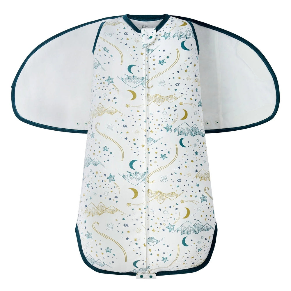 Nest Designs bamboo jersey swaddle sleep bag 0.25 tog, white with teal stars, moons & mountains, 0-6M