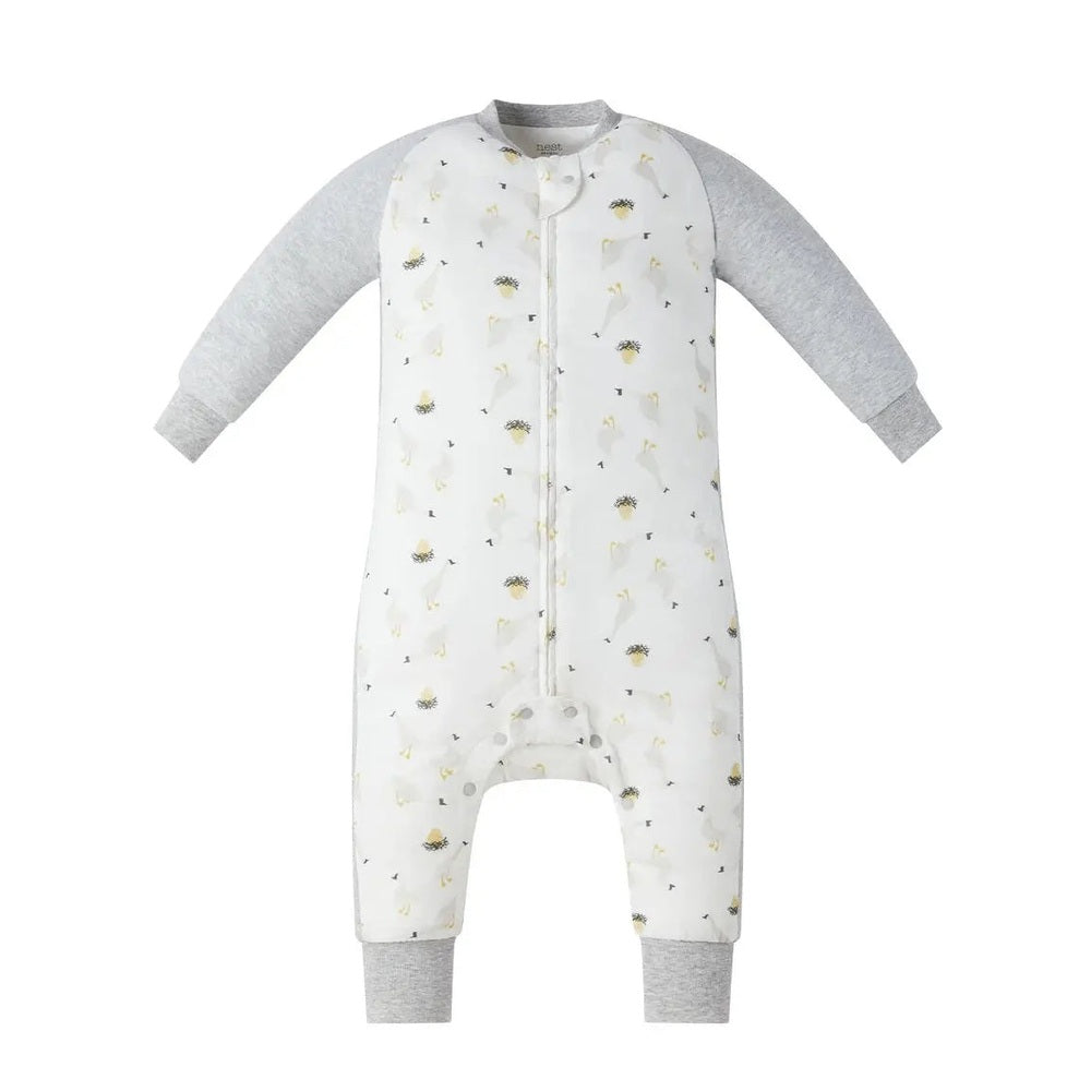 Nest Designs Bamboo Long Sleeve Footed Sleep Bag 1.0 Tog, white with grey sleeves, front zipper and footed bottom.