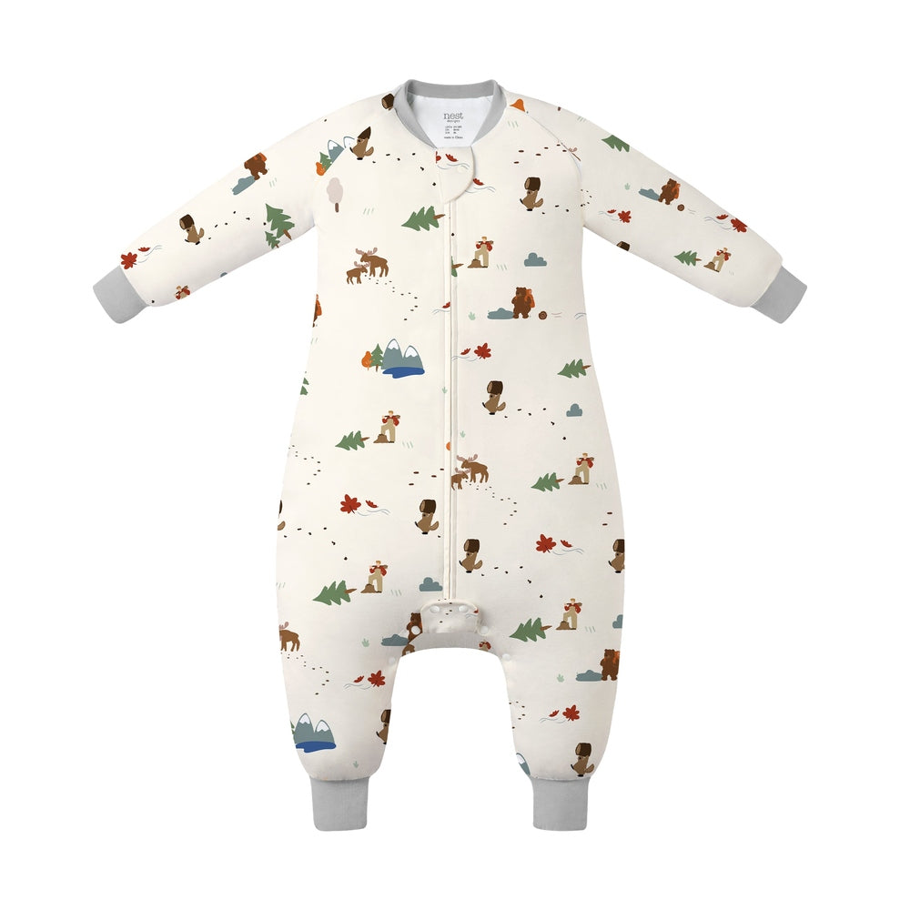Nest Designs Bamboo Long Sleeve Footed Sleep Bag 1.0 Tog Timber, cream with woodland animals, front-zippered for easy use.
