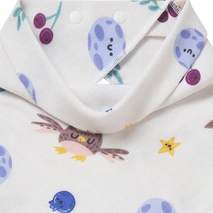 Nest Designs bamboo muslin baby bandana bib Evening Bounty in white with owl and star print