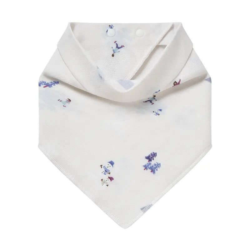 Nest Designs Bamboo Muslin Baby Bandana Bib Frosty Fun in white with blue snowflakes, showing two neck snaps.