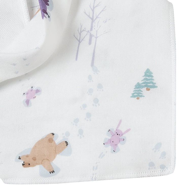 Nest Designs Bamboo Muslin Baby Bandana Bib Snow Angels; white bib laid flat with pastel bears, bunnies and trees.