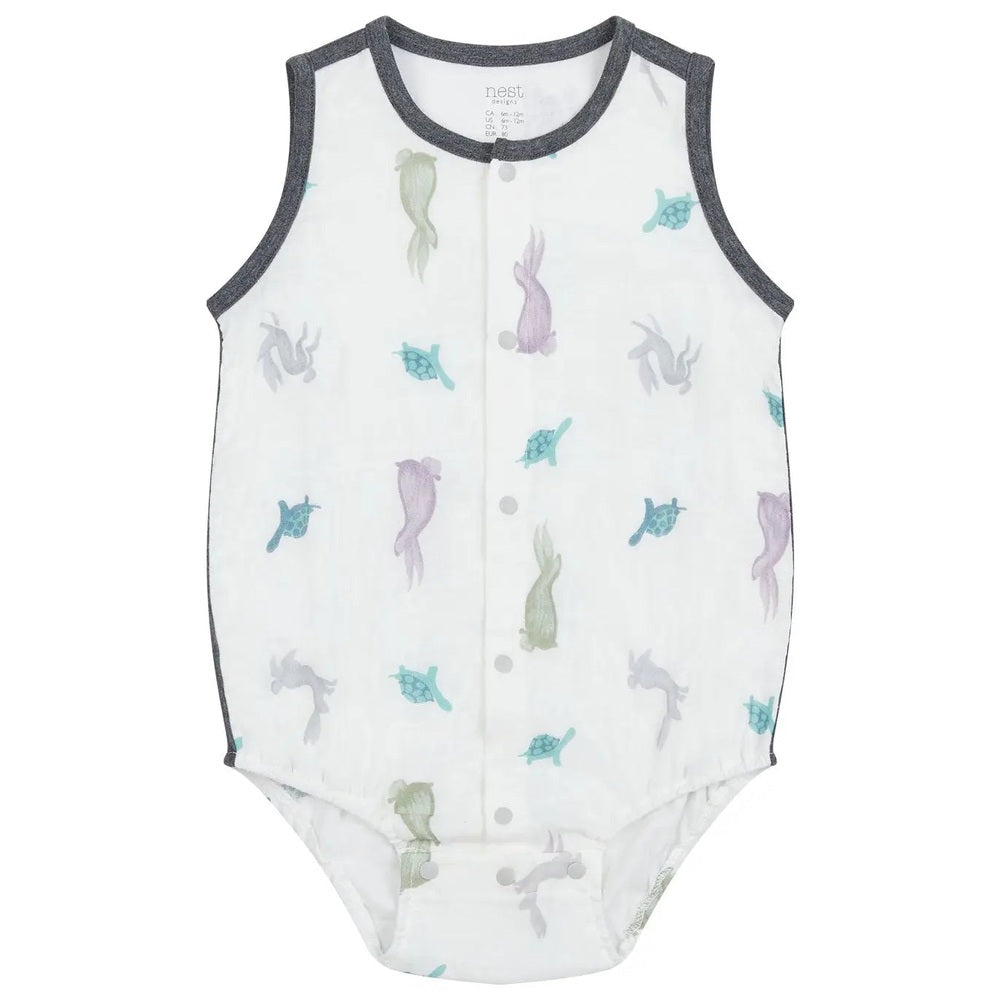 Nest Designs Bamboo Pima Sleeveless Button Down Onesie The Tortoise & The Hare in white with pastel prints; front snaps and grey trim