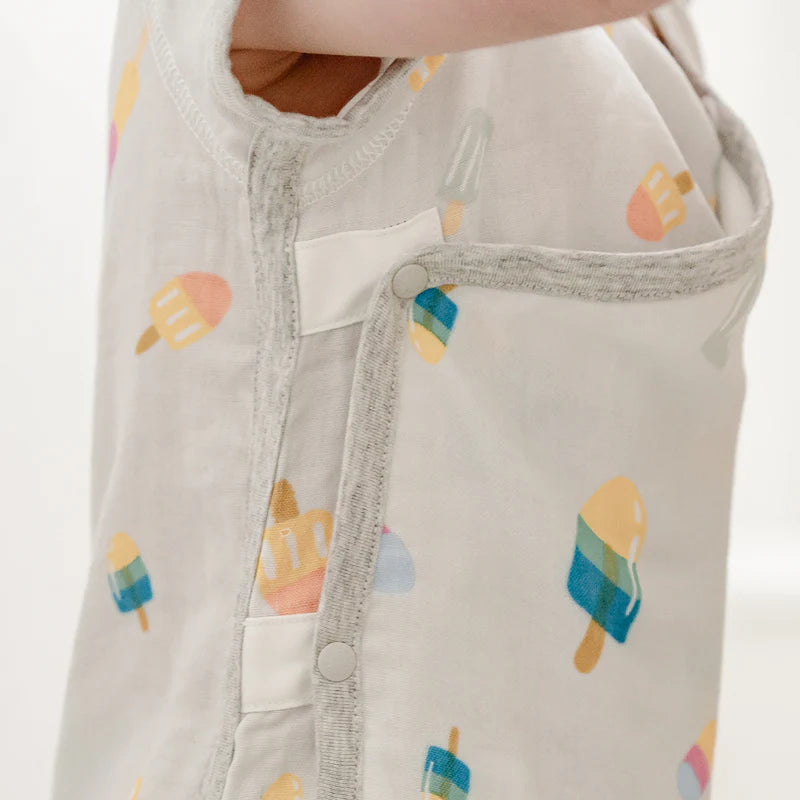 Nest Designs Bamboo Short Sleeve Kimono Onesie Summer Pops, gray trim, multicolor popsicles, worn by baby