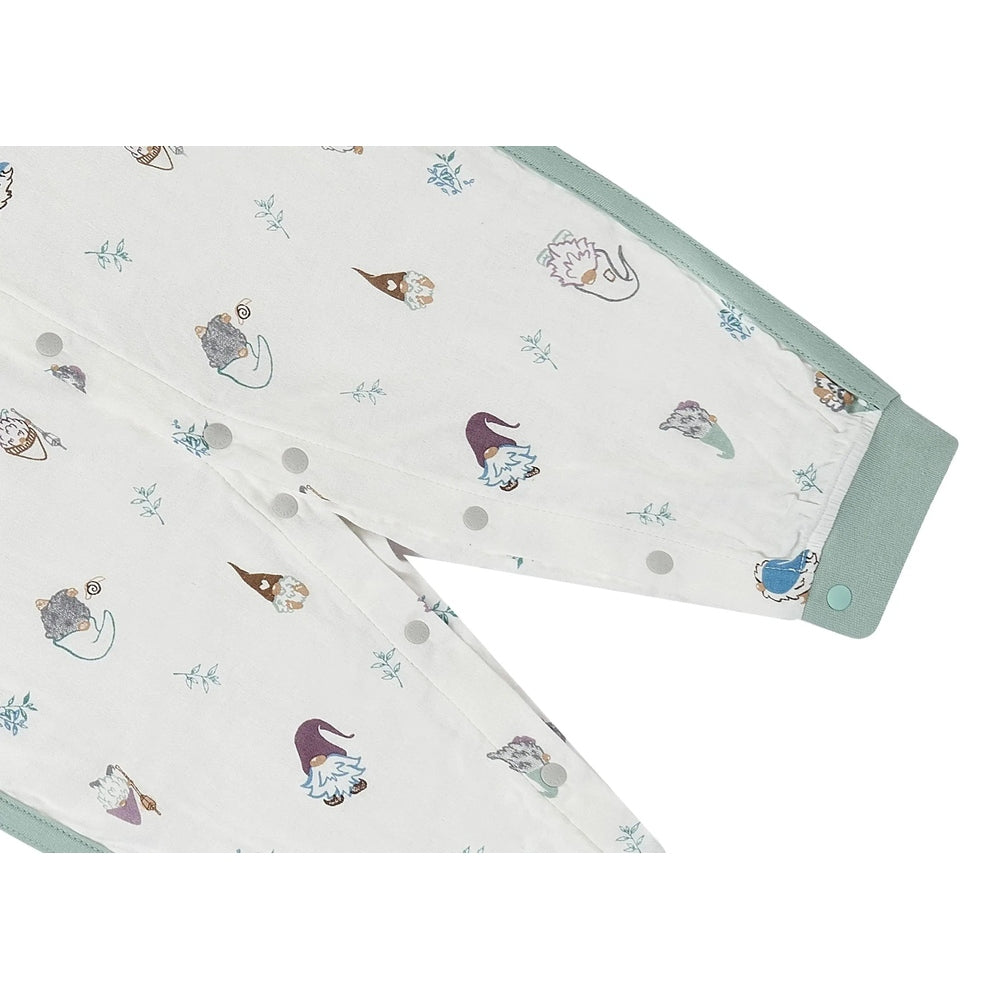 Nest Designs Bamboo Short Sleeve Romper Oh Gnome, white with pastel gnome prints and mint cuffs, snap-front.