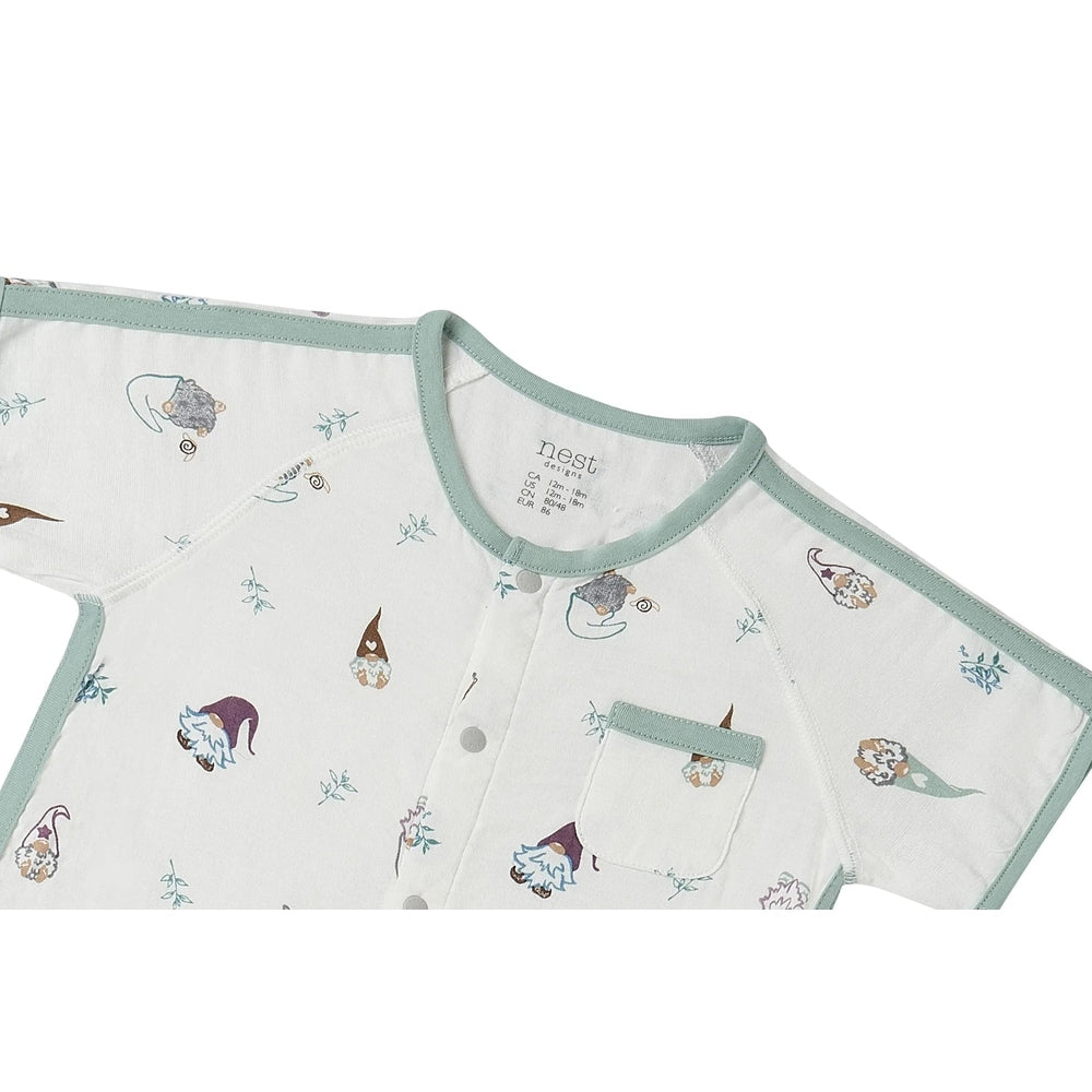 Nest Designs bamboo short-sleeve romper Oh Gnome in white with mint trim, shown with front snaps and pocket.