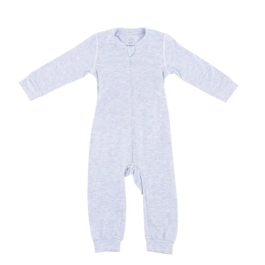 Nest Designs Basics Bamboo Cotton Long Sleeve Drop Bottom Romper Grey Dawn showcasing front zipper and drop-bottom for easy diaper changes