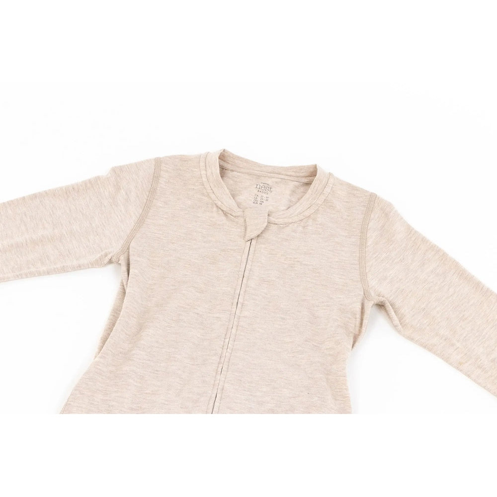 Nest Designs Basics Bamboo Cotton Long Sleeve Drop Bottom Romper in warm taupe, laid flat to show soft knit fabric and front zip seam.