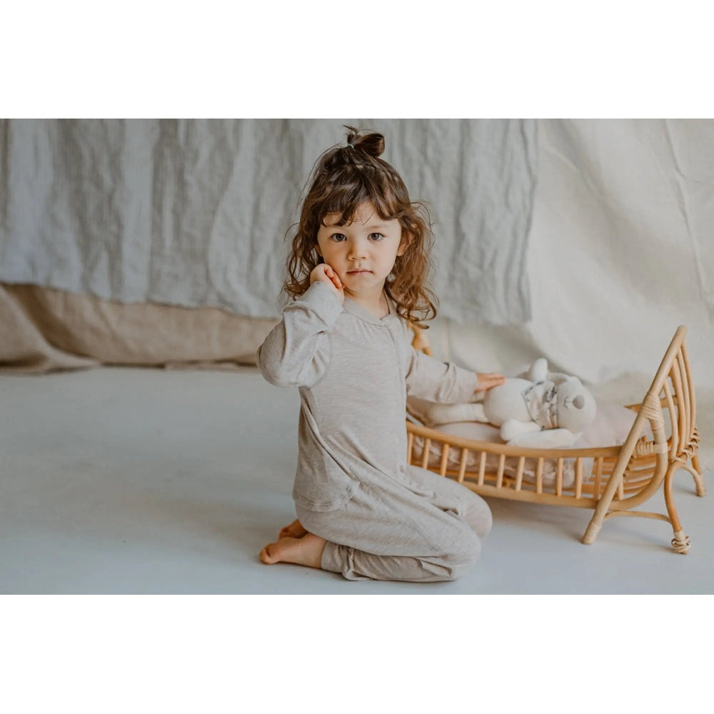 Nest Designs Basics Bamboo Cotton Long Sleeve Drop Bottom Romper Warm Taupe