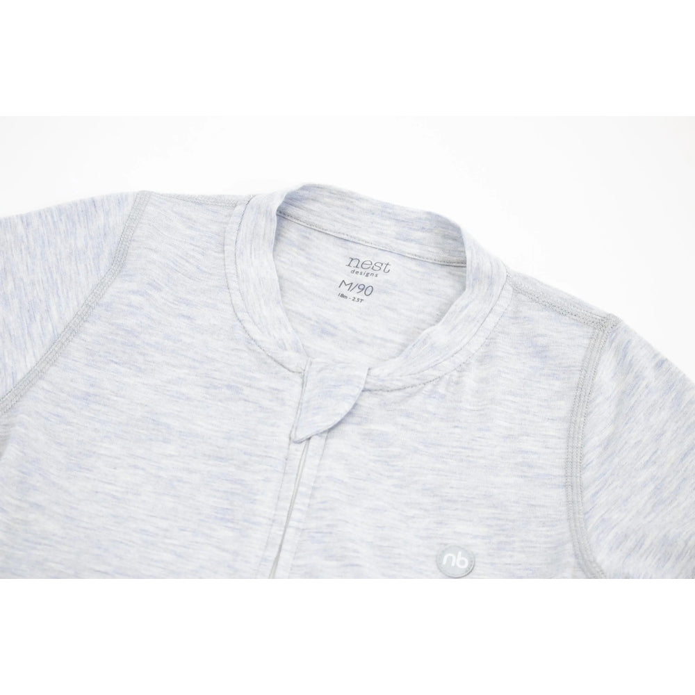 Nest Designs Basics Bamboo Cotton Short Sleeve Drop Bottom Romper Grey Dawn, laid flat showing snap opening.
