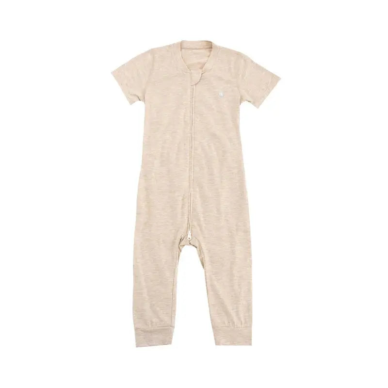 Nest Designs Basics Bamboo Cotton Short Sleeve Drop Bottom Romper in warm taupe, front zip runs full length.