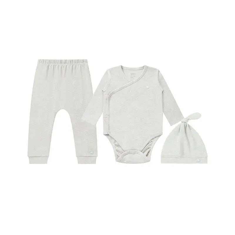 Nest Designs Basics Organic Cotton 3 Piece Baby Gift Set Light Grey laid out with onesie, pants, and hat