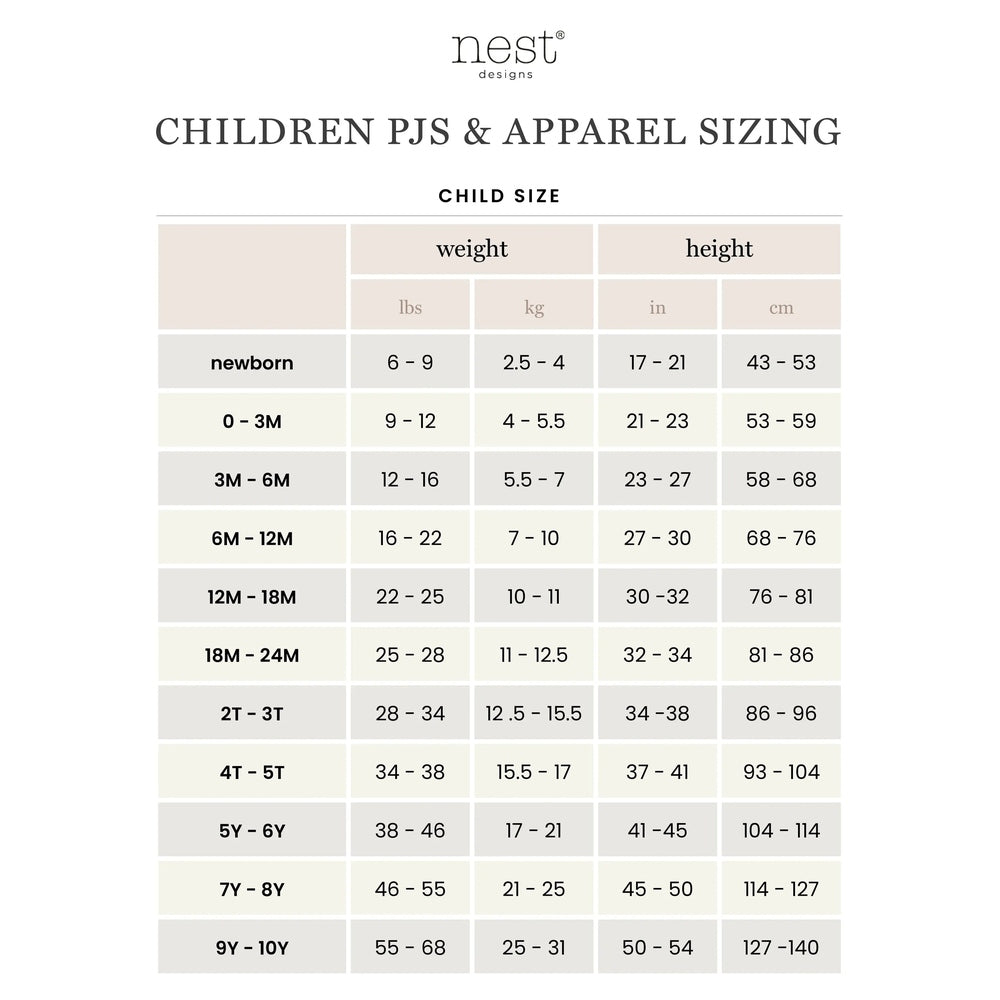 Nest Designs Basics Organic Cotton Kimono Ribbed Long Sleeve Onesie 2 Pack White sizing chart showing child weight and height ranges.